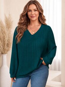 Plus Size Women Loose V-Neck Wide Ribbed Casual Pullover Sweatshirt, Autumn/Winter Graduation,Back To School,Graduation,Teacher,Back To School Fall - Green - View 3