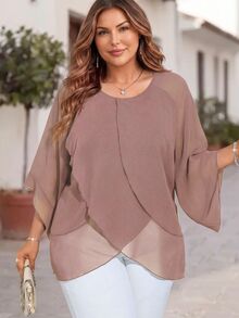 EMERY ROSE Women Dusty Pink Minimalist Layered Patchwork Casual Shirt,Summer Elegant Party Fashion Chiffon Blouse For Valentine's Day,New Year,Spring Holiday - Dusty Pink - View 3