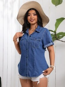 EMERY ROSE Plus Size Women's Summer Casual Fit Denim Shirt With Flap Pockets And Short Sleeves - Blue - View 8