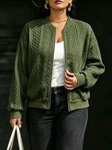 SHEIN Plus Size Women's Textured Zipper Front Casual Baseball Jacket Fall - Army Green - View 9