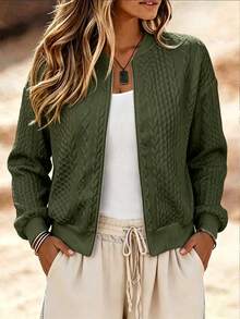 SHEIN Plus Size Women's Textured Zipper Front Casual Baseball Jacket Fall - Army Green - View 1