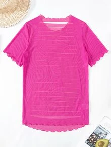 SHEIN Swim 新款夏季沙灘裝：性感鏤空背部設計網紗罩衫，輕鬆穿出時尚度假風女裝 - 玫紅色 - 查看 7