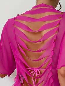 SHEIN Swim 新款夏季沙灘裝：性感鏤空背部設計網紗罩衫，輕鬆穿出時尚度假風女裝 - 玫紅色 - 查看 4