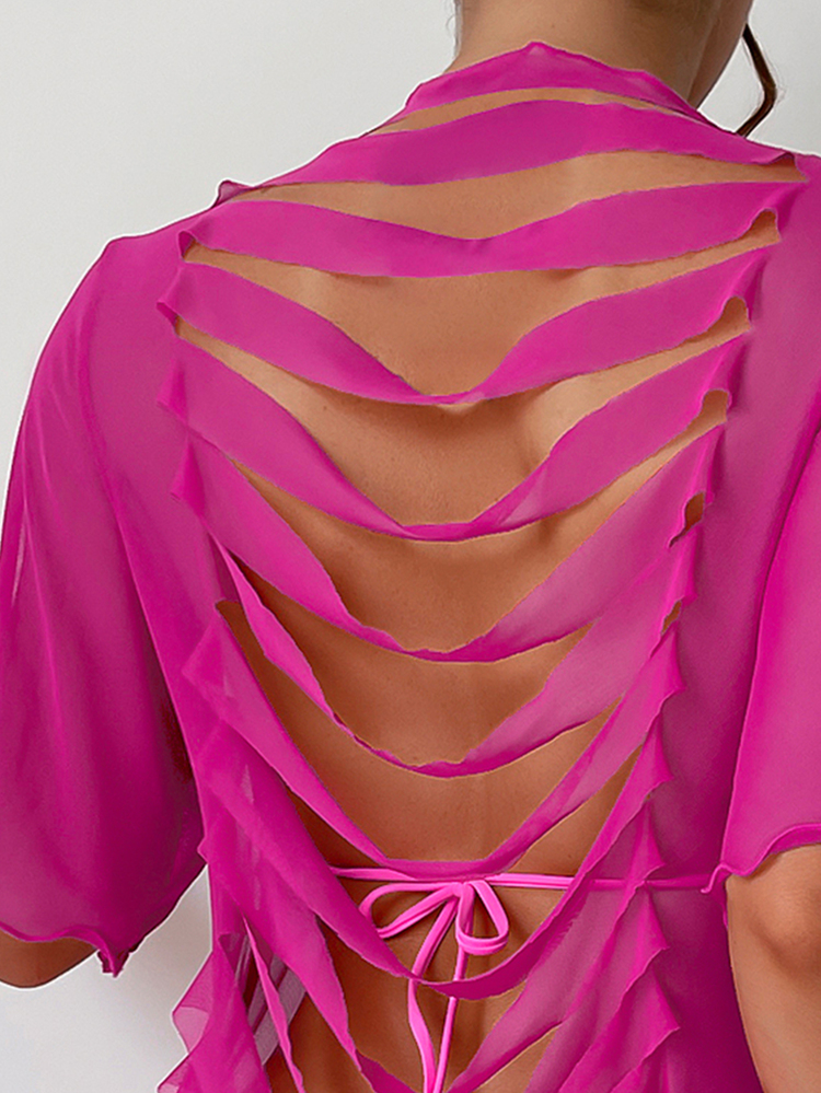 Swim SXY New Summer Beachwear: A Sexy Mesh Cover-Up Featuring A Cut-Out Back Design-Effortlessly Chic And Vacation Outfits Women. - Hot Pink - View 4