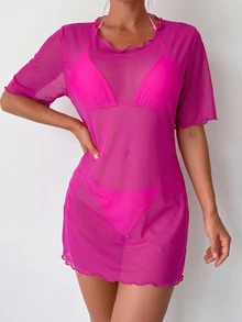 SHEIN Swim 新款夏季沙灘裝：性感鏤空背部設計網紗罩衫，輕鬆穿出時尚度假風女裝 - 玫紅色 - 查看 2