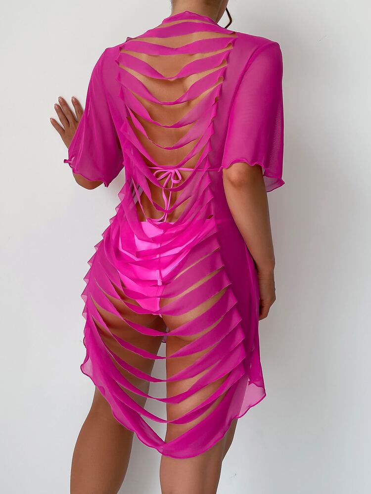 Swim SXY New Summer Beachwear: A Sexy Mesh Cover-Up Featuring A Cut-Out Back Design-Effortlessly Chic And Vacation Outfits Women. - Hot Pink - View 1