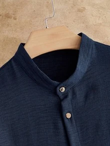 HIMLAND Men's Summer Casual Solid Color Short Sleeve Shirt - Blue - View 4