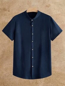 HIMLAND Men's Summer Casual Solid Color Short Sleeve Shirt - Blue - View 1