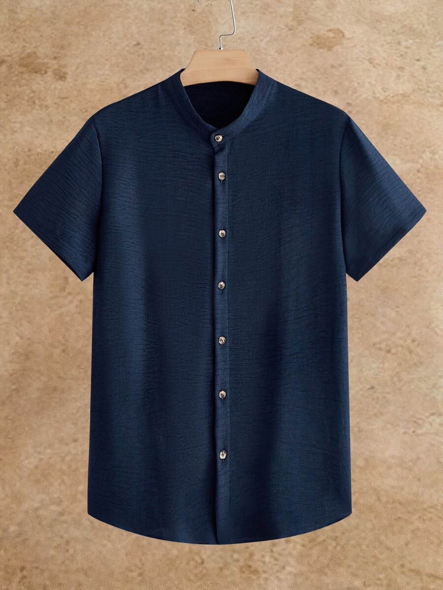 HIMLAND Men's Summer Casual Solid Color Short Sleeve Shirt - Blue - View 1