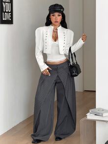 Coolane Women's Fall Warm Basic Minimalist /Winter Elegant Casual Streetwear White Cropped Structured Decorative Button Shoulder Pad Jacket - White - View 4
