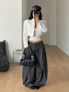 Coolane Women's Fall Warm Basic Minimalist /Winter Elegant Casual Streetwear White Cropped Structured Decorative Button Shoulder Pad Jacket - White - View 7