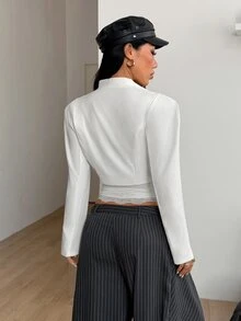Coolane Women's Fall Warm Basic Minimalist /Winter Elegant Casual Streetwear White Cropped Structured Decorative Button Shoulder Pad Jacket - White - View 8