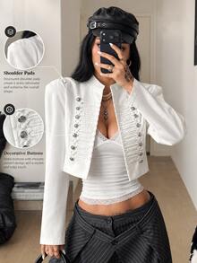 Coolane Women's Fall Warm Basic Minimalist /Winter Elegant Casual Streetwear White Cropped Structured Decorative Button Shoulder Pad Jacket - White - View 5