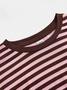 SHEIN Atasan Kaos Lengan Panjang Leher Bulat Bergaris Pink & Cokelat untuk Remaja Perempuan, Pakaian Kembali ke Sekolah - MultiWarna - View 5