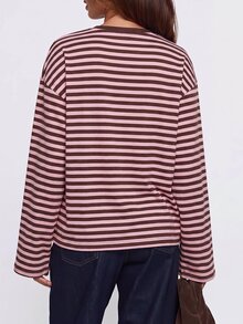 SHEIN Atasan Kaos Lengan Panjang Leher Bulat Bergaris Pink & Cokelat untuk Remaja Perempuan, Pakaian Kembali ke Sekolah - MultiWarna - View 2
