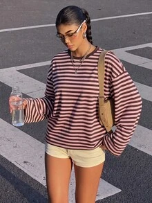 SHEIN Atasan Kaos Lengan Panjang Leher Bulat Bergaris Pink & Cokelat untuk Remaja Perempuan, Pakaian Kembali ke Sekolah - MultiWarna - View 4