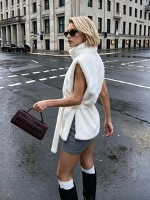 Struktiv Rompi Tanpa Lengan Berbahan Plush, Kerah Tinggi dengan Pinggang yang Dikencangkan, Potongan Longgar dari Kain Plush, Cocok untuk Jalan-jalan, Perjalanan, Kencan, Pesta, Nuansa Mewah Musim Gugur/Musim Dingin, Rompi Putih Gading - Putih - View 2