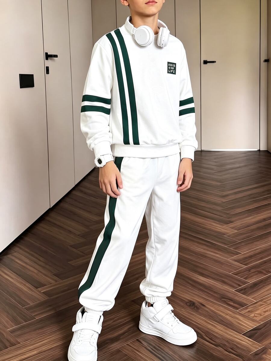 青少年男孩 2件套休閒時尚舒適運動衫套裝 條紋圖案數位印花長袖上衣 秋冬穿著 男孩白色圓領運動衫與白色運動長褲套裝 - 彩色 - 查看 1