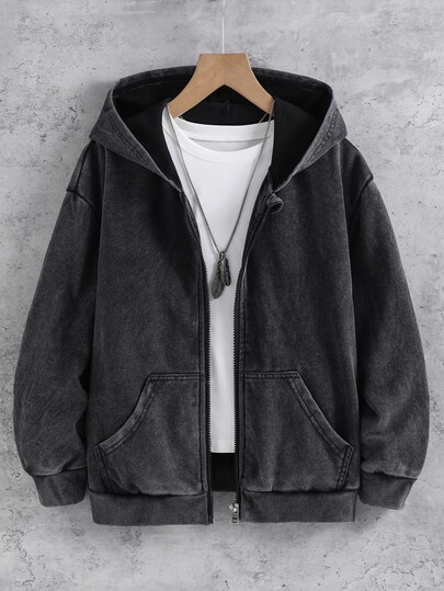 SHEIN Tween Boy Solid Color Hooded Zip-Up Casual Daily Wear Sweatshirt Autumn Fall