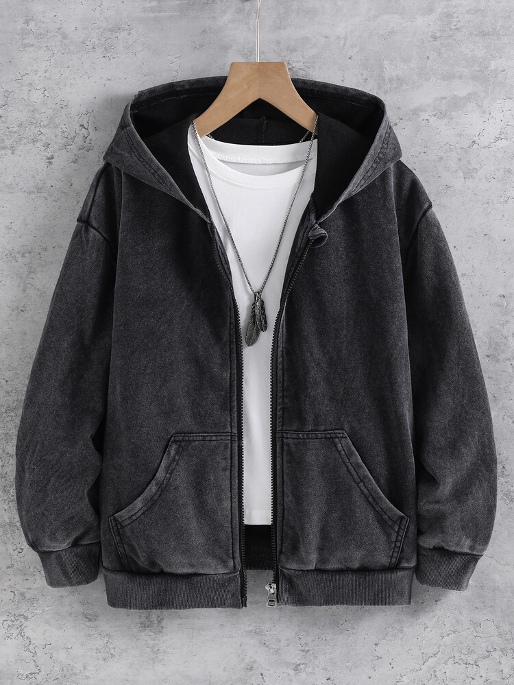 SHEIN Tween Boy Solid Color Hooded Zip-Up Casual Daily Wear Sweatshirt Autumn Fall - Dark Grey - View 1