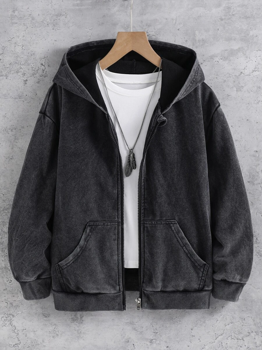 SHEIN Tween Boy Solid Color Hooded Zip-Up Casual Daily Wear Sweatshirt Autumn Fall