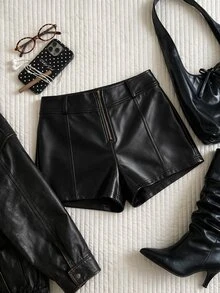 Comfortcana Plus Size Sexy Streetwear Zipper Tight Shorts Avant-Garde - Black - View 1