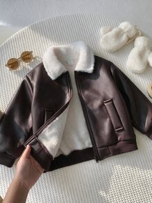 SHEIN 兒童小男孩秋冬休閒可愛街頭風黑色PU皮革保暖內裡長袖拉鍊夾克外套 中性嬰兒冬裝 - 棕色 - 查看 7