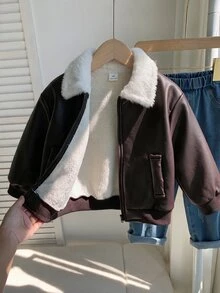 SHEIN 兒童小男孩秋冬休閒可愛街頭風黑色PU皮革保暖內裡長袖拉鍊夾克外套 中性嬰兒冬裝 - 棕色 - 查看 4