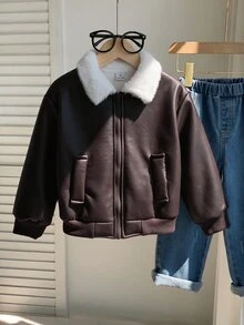 SHEIN 兒童小男孩秋冬休閒可愛街頭風黑色PU皮革保暖內裡長袖拉鍊夾克外套 中性嬰兒冬裝 - 棕色 - 查看 6