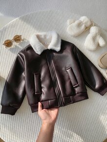SHEIN 兒童小男孩秋冬休閒可愛街頭風黑色PU皮革保暖內裡長袖拉鍊夾克外套 中性嬰兒冬裝 - 棕色 - 查看 3