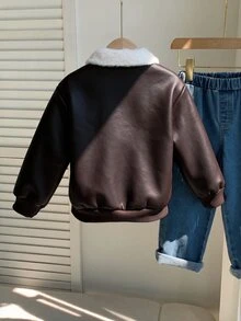 SHEIN 兒童小男孩秋冬休閒可愛街頭風黑色PU皮革保暖內裡長袖拉鍊夾克外套 中性嬰兒冬裝 - 棕色 - 查看 2