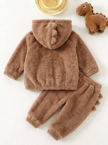 SHEIN 兒童男童舒適絨布恐龍貼布繡秋季冬季運動衫 - 卡其色 - 查看 2