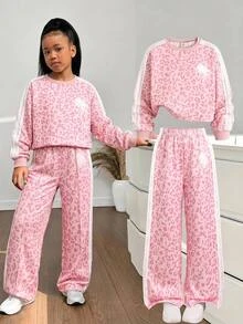 SHEIN 少女休閒日常百搭舒適豹紋圓領賽馬圖案運動衫套裝 - 粉色 - 查看 3