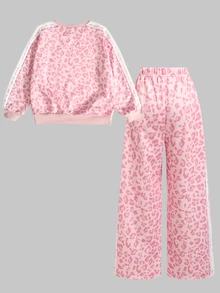 SHEIN 少女休閒日常百搭舒適豹紋圓領賽馬圖案運動衫套裝 - 粉色 - 查看 5
