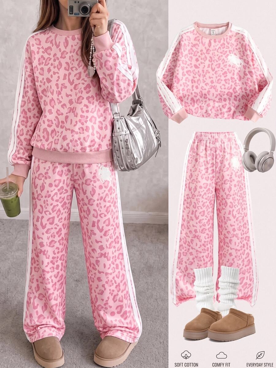 SHEIN 少女休閒日常百搭舒適豹紋圓領賽馬圖案運動衫套裝 - 粉色 - 查看 1