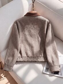 SHEIN Teen Girls Casual All-Match Versatile Black & White Contrast Trim Lapel Large Pocket Autumn/Winter Wool Jacket - Apricot - View 6
