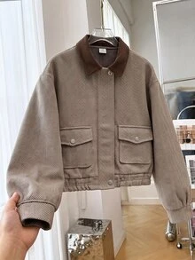 SHEIN Teen Girls Casual All-Match Versatile Black & White Contrast Trim Lapel Large Pocket Autumn/Winter Wool Jacket - Apricot - View 1