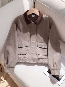 SHEIN Teen Girls Casual All-Match Versatile Black & White Contrast Trim Lapel Large Pocket Autumn/Winter Wool Jacket - Apricot - View 2