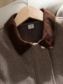 SHEIN Teen Girls Casual All-Match Versatile Black & White Contrast Trim Lapel Large Pocket Autumn/Winter Wool Jacket - Apricot - View 3