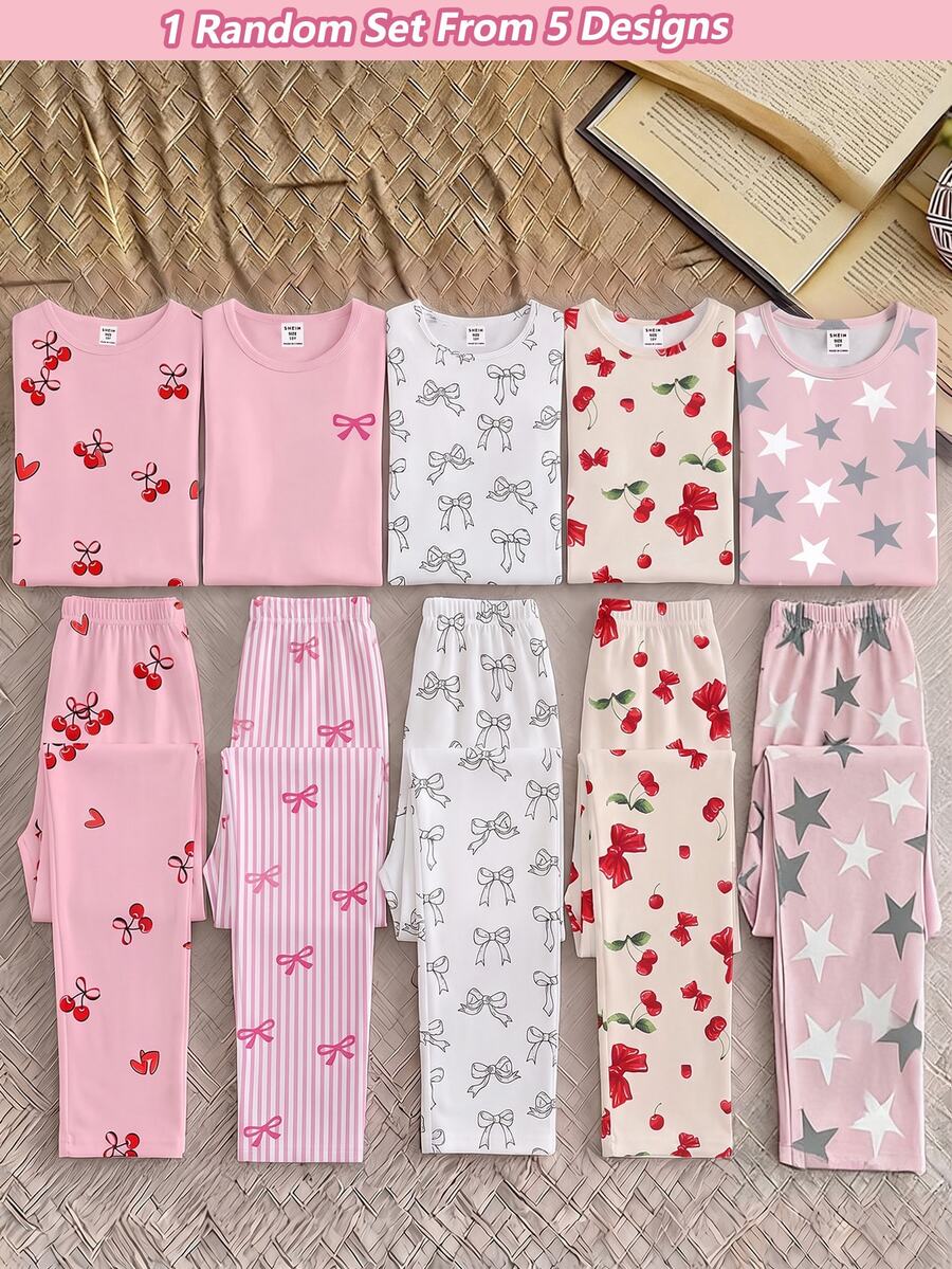 【隨機發送1套】女童時尚蝴蝶結元素印花 粉色與淺色底色 圓領套頭長袖上衣+長褲 針織面料 舒適柔軟 高彈力 修身居家休閒套裝 - 彩色 - 查看 1