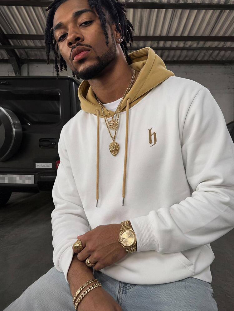 Mainfolk Men's Casual Everyday Commute Fashion Street Hoodie, Letter Embroidery, Kangaroo Pocket, Drawstring, Thermal Lined, Warm For Autumn/Winter, Streetwear, Fleece, Hooded Sweatshirt, Graphic Print Oversized Hoodie - White - View 2