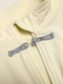 SHEIN Tween Girl Spring/Summer Knitted Kids Sports Style Tape Detail Zip-Up Lightweight Autumn Jacket - Apricot - View 5
