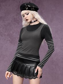ROMWE Grunge Punk Casual 3 Pieces Style Black & Grey Striped Patchwork Slim Fit Women's T-Shirt - Multicolor - View 4