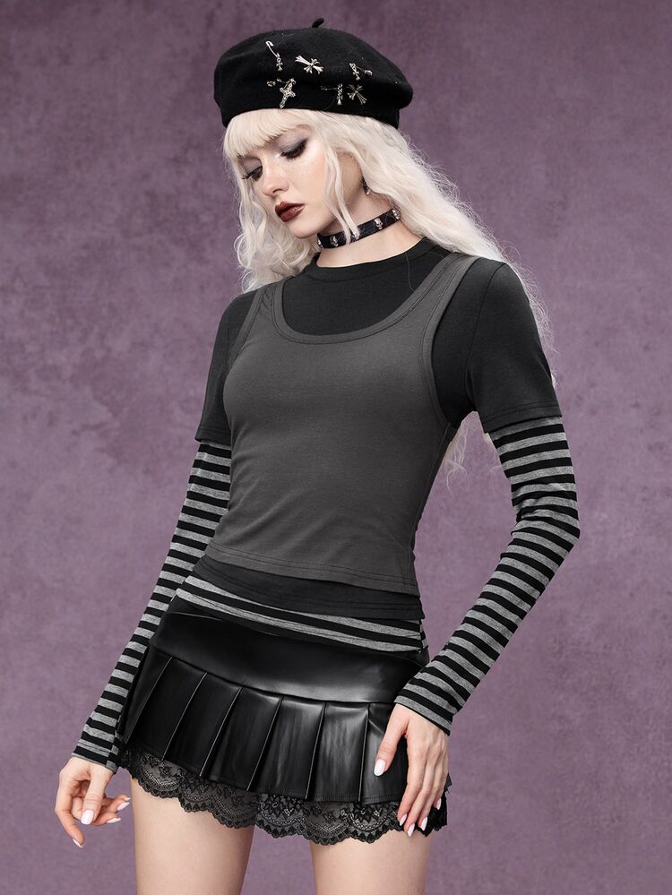 ROMWE Grunge Punk تي شيرت نسائي كاجوال 3 قطع بتصميم مخطط أسود ورمادي مع رقعات بقصة ضيقة - متعدد الألوان - مشاهدة 4