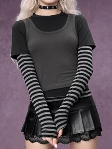 ROMWE Grunge Punk Casual 3 Pieces Style Black & Grey Striped Patchwork Slim Fit Women's T-Shirt - Multicolor - View 2