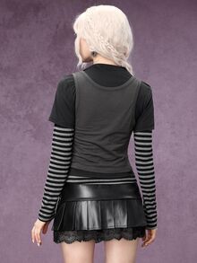 ROMWE Grunge Punk Casual 3 Pieces Style Black & Grey Striped Patchwork Slim Fit Women's T-Shirt - Multicolor - View 3