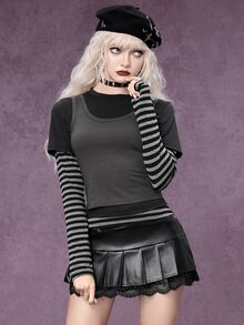 ROMWE Grunge Punk Casual 3 Pieces Style Black & Grey Striped Patchwork Slim Fit Women's T-Shirt - Multicolor - View 1