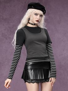 ROMWE Grunge Punk Casual 3 Pieces Style Black & Grey Striped Patchwork Slim Fit Women's T-Shirt - Multicolor - View 5