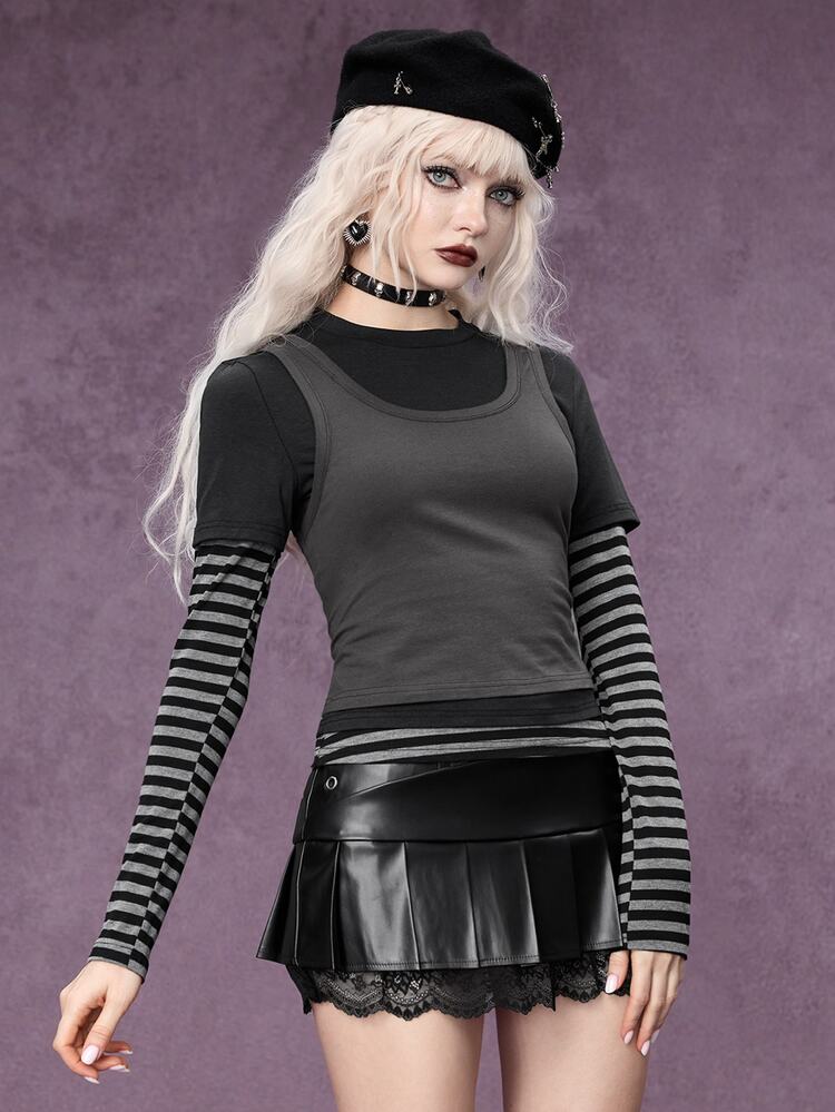 ROMWE Grunge Punk تي شيرت نسائي كاجوال 3 قطع بتصميم مخطط أسود ورمادي مع رقعات بقصة ضيقة - متعدد الألوان - مشاهدة 5