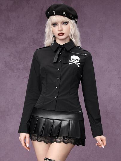 Grunge Punk Punk schwarzes Slim-Fit-Hemd mit dunklem Totenkopf-Muster